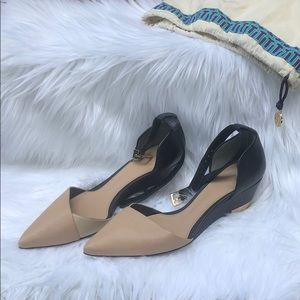 Tory Burch navy and tan shoe with ankle strap
